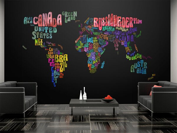 Fototapeta Barevné cesty - barevná mapa světa s popsáním kontinentů