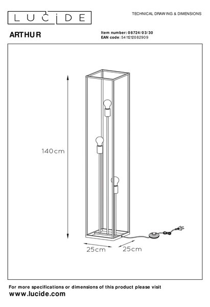 Lucide 08724/03/30 stojací lampa Arthur 3x40W|E27
