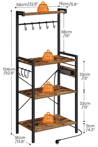 Kuchyňský regál s integrovanou zásuvkou Vasagle Qere 58 cm černý/hnědý