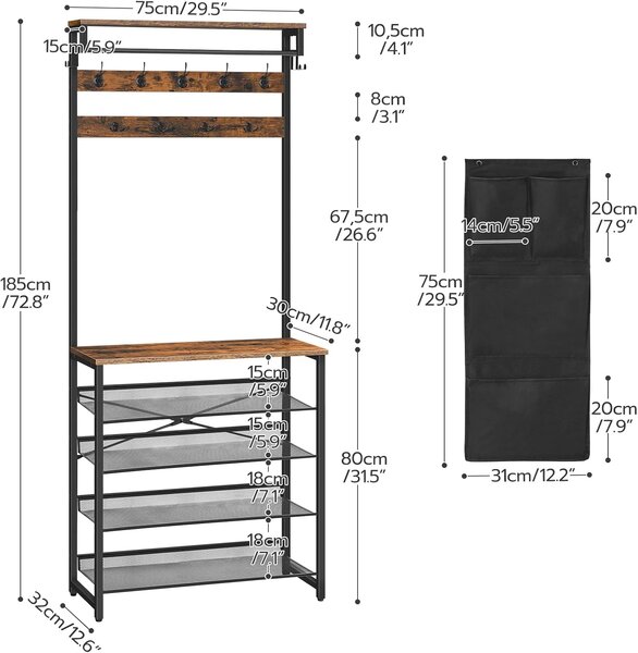 Předsíňový věšák s botníkem Vasagle Mino 75 cm černý/hnědý