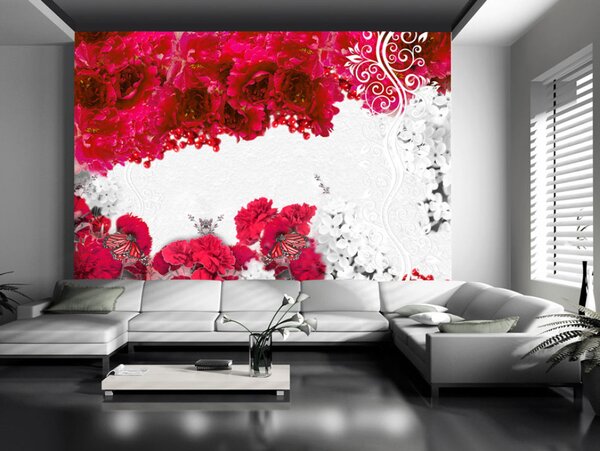 Fototapeta Barvy jara: červené - kontrastní abstrakce s květy a motýly