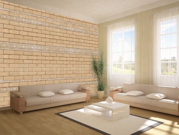 Fototapeta Elegantní zeď - pozadí s designem ze světle béžové cihly s 3D ozdobami