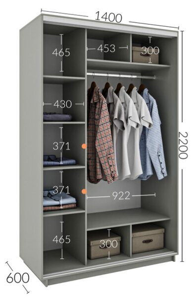 Skříň s posuvnými dveřmi 1400x2200x600 1LTD 1 Zrcadlo myší šedá, profil stříbrný
