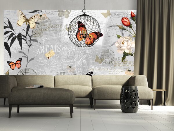 Fototapeta Pohlednice - motýli na šedo-bílém s nápisy a květinami