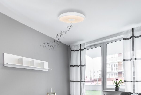 Globo 41366W LED stropní svítidlo s reproduktorem Raffy 1x18W | 1100lm | 3000-6500K | RGB | IP44- stmívatelné, Bluetooth, dálkové ovládání, noční režim, paměťová funkce, bílá, opál