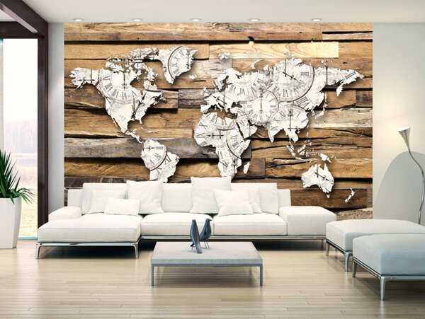 Fototapeta Uplynulý čas - mapa světa s motivem hodin na hnědém dřevě