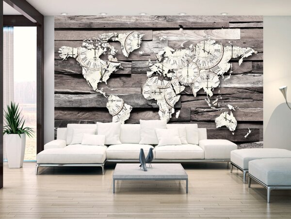 Fototapeta Uplynulý čas Země - mapa světa s motivem hodin na šedém dřevě