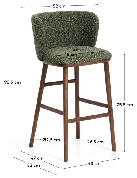 Kave Home Zelená barová židle Ciselia 75 cm s ořechovou podnoží