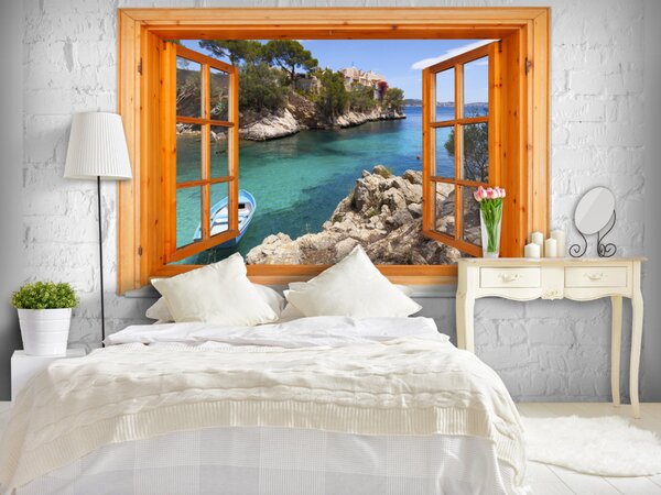 Fototapeta Výhled z okna - krajina s mořem a ostrovy v rámu z hrubého dřeva