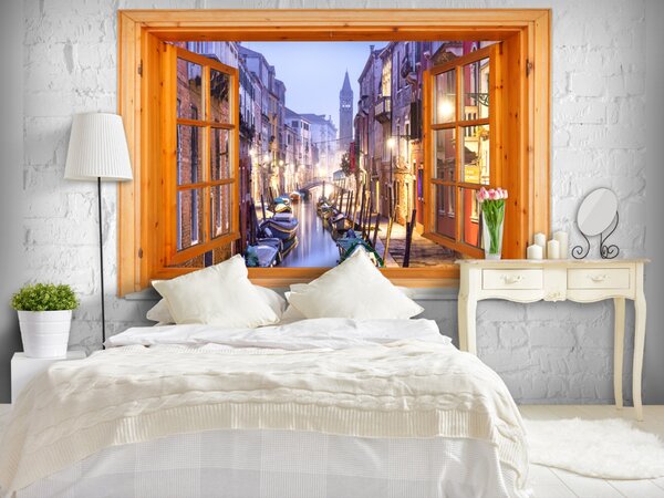 Fototapeta Výhled z okna - krajina s kanálem v Benátkách v rámu světlého dřeva