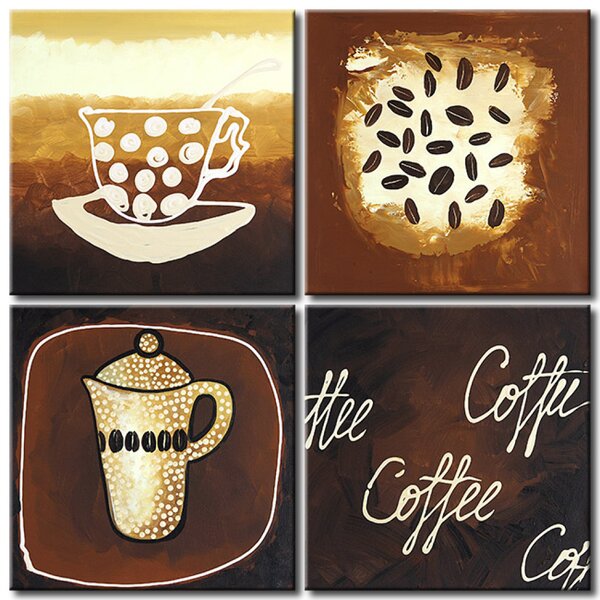 Obraz Přestávka na kávu (4-dílný) - hnědá ručně malovaná kompozice