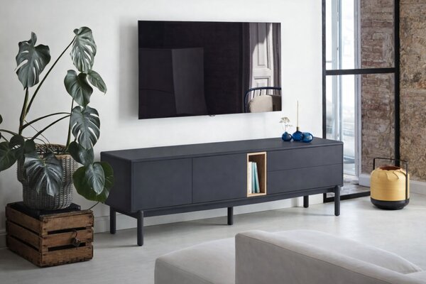 Antracitově šedý lakovaný TV stolek Teulat Corvo 180 x 40 cm