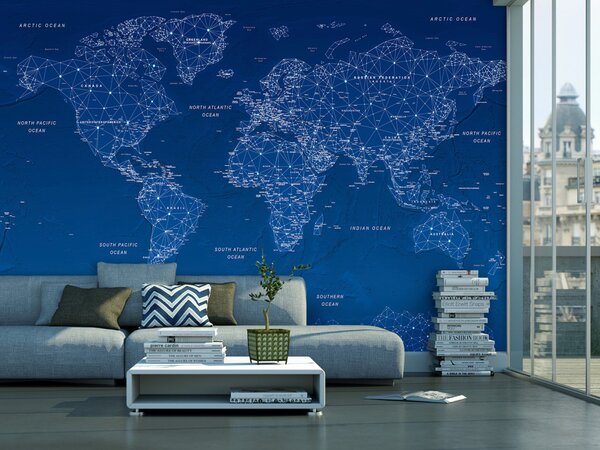 Fototapeta Modrá mapa světa - geometrický obrys s nápisy anglicky