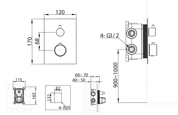 Sapho Sapho, KIMURA podomítková sprchová termostatická baterie, box, 2 výstupy, chrom, KU682
