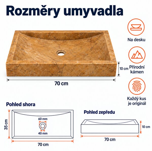 Kamenné umyvadlo na desku 70 × 35 cm Marble Yellow