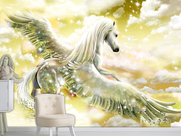 Fototapeta Pegas - magický motiv létajícího koně mezi oblaky v žlutých vzorech