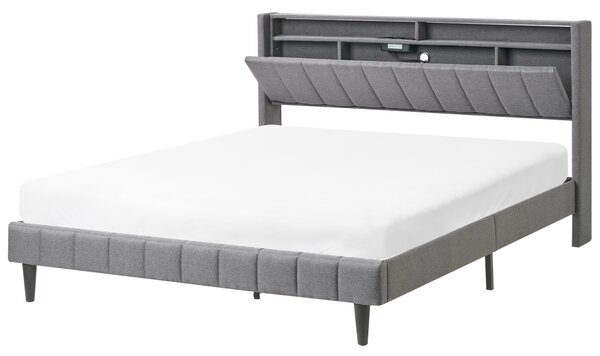 LED postel Tkanina BEAULIEU 160 x 200 cm s úložným prostorem s USB portem Tmavě šedá