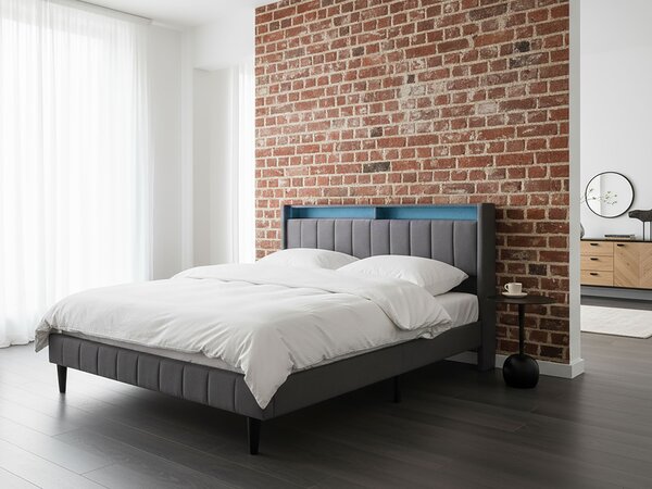 LED postel Tkanina BEAULIEU 160 x 200 cm s úložným prostorem s USB portem Tmavě šedá