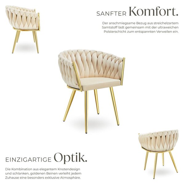 Tectake® Set jídelní židle Astano čalouněná, se sametovým potahem, pletený vzor 60,5 x 55 x 75 cm