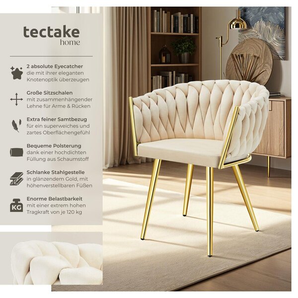 Tectake® Set jídelní židle Astano čalouněná, se sametovým potahem, pletený vzor 60,5 x 55 x 75 cm