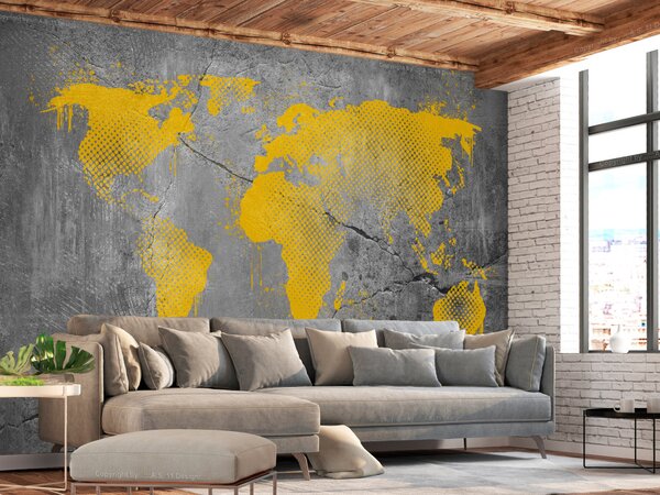 Fototapeta Průmyslový svět - žlutá mapa kontinentů na pozadí s texturou betonu