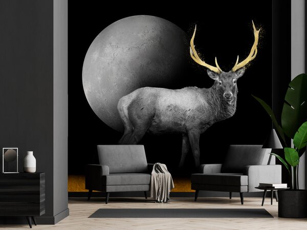 Fototapeta Jelen v šedých tónech - zvíře s zlatými prvky na pozadí měsíce