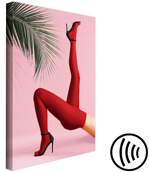 Obraz Červené punčocháče - palmový list, ženské nohy, jehlové podpatky, růžové pozadí