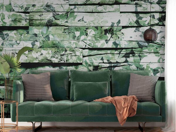 Fototapeta Vzorované prkna - vzor s rostlinným motivem se zelenými listy na dřevě