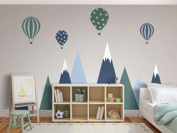 Fototapeta Dětská krajina - grafika s balónky nad modro-zelenými horami
