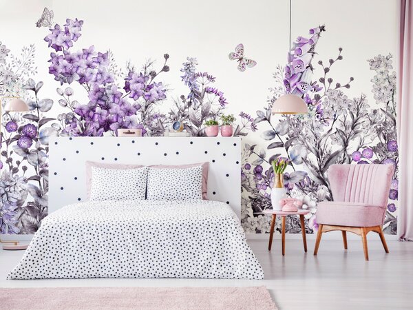 Fototapeta Hustá louka - grafické květiny s fialovým vzorem a bílým nebem