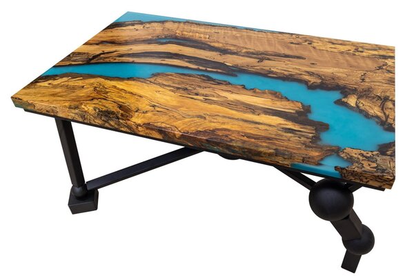 Konferenční stůl PLANETÁRIUM ze špaltovaného buku a fluorescenční epoxidové pryskyřice 96x59