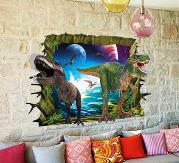 Živá Zeď Samolepka 3D Dinosauři útočí