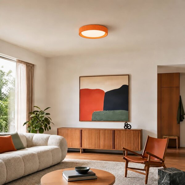 Lindby LED stropní svítidlo Colbie, oranžové s žebrováním, Ø 46 cm, stmívatelné., stmívatelný, Žlutá / oranžová, Obývací pokoj / jídelna, Young lifestyle