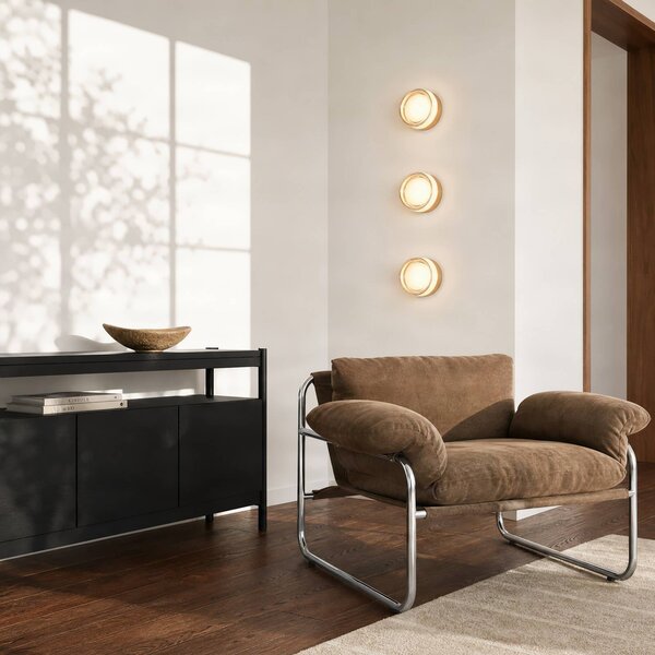 Lucande LED nástěnné světlo Somber, bronzová/jantarová, Ø 12,5 cm, IP44, Mosaz / zlato, Chodba, Sklo, Moderní