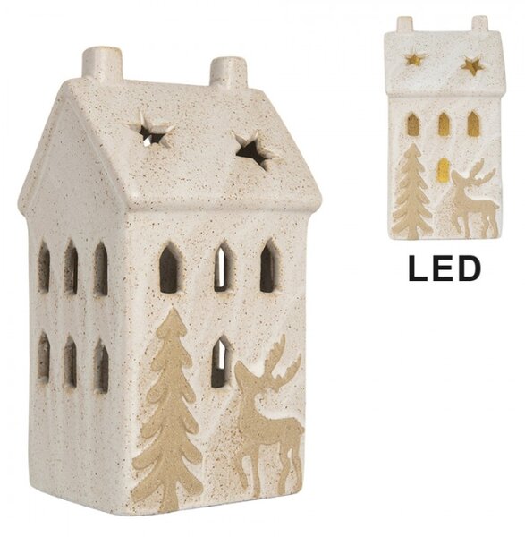 Béžový keramický domeček s jelenem a LED světýlkem Boekend III L – 10x9x18 cm