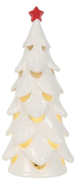 Bílý keramický vánoční stromeček s červenou hvězdou a LED světýlkem Boekend M – 11x25 cm