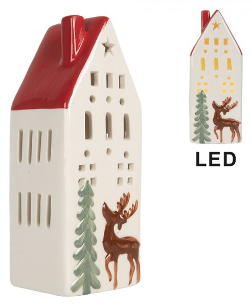 Bílo-červený keramický domeček s jelenem a LED světýlkem Boekend IV L – 8x7x19 cm