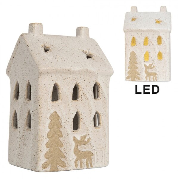 Béžový keramický domeček s jelenem a LED světýlkem Boekend III M – 9x7x15 cm