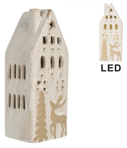 Béžový keramický domeček s jelenem a LED světýlkem Boekend II M – 8x7x19 cm