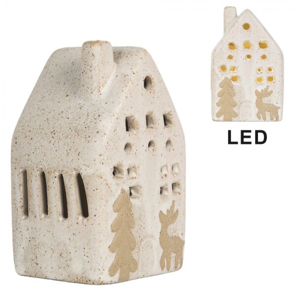 Béžový keramický domeček s jelenem a LED světýlkem Boekend II S – 6x6x10 cm