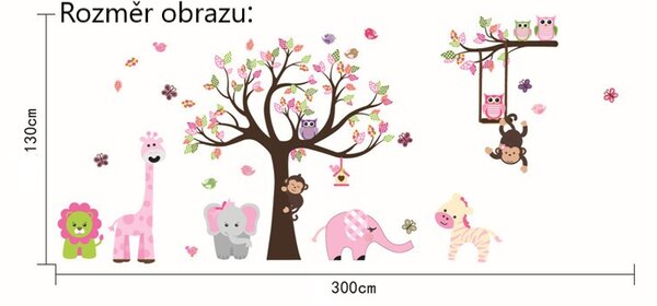 Živá Zeď Samolepka Růžový strom s houpačkou a zvířátky ze ZOO