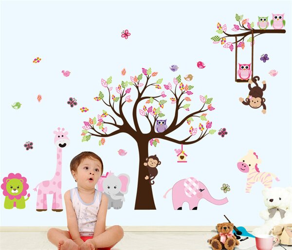 Živá Zeď Samolepka Růžový strom s houpačkou a zvířátky ze ZOO