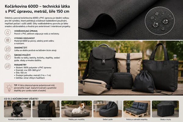 Kočárkovina 600D technická látka s PVC úpravou METRÁŽ šíře 150 cm