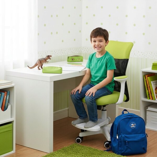 Dětská židle Neoseat MONKEY WHITE s podnoží — látka, bílá / zelená