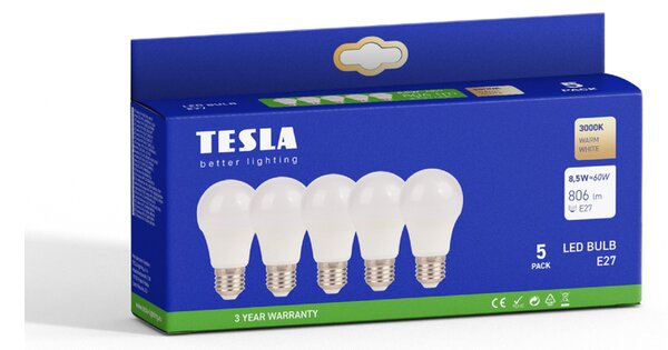 Tesla - LED žárovka BULB E27, 8W, 230V, 806lm, 25 000h, 3000K teplá bílá, 220st - 5ks v balení