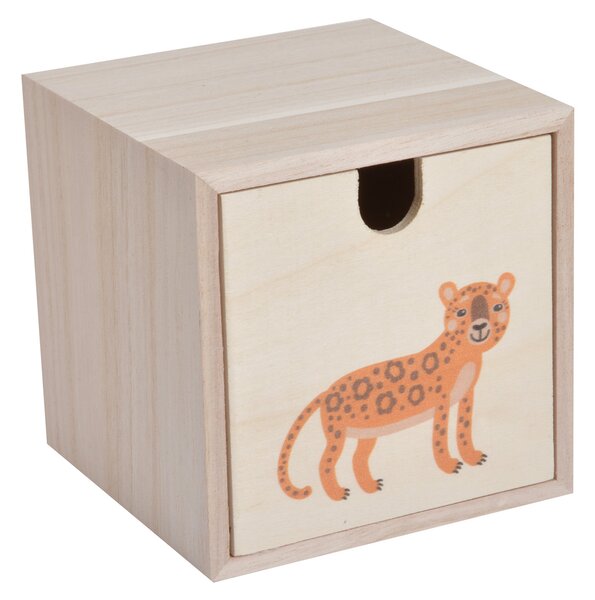 Homea Dětský dřevěný box se šuplíkem leopard 12x12x12 cm