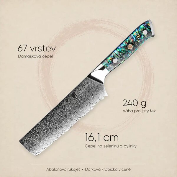 Kuchyňský nůž nakiri z damaškové oceli SaKuRo Ocean Shell 16,1 cm
