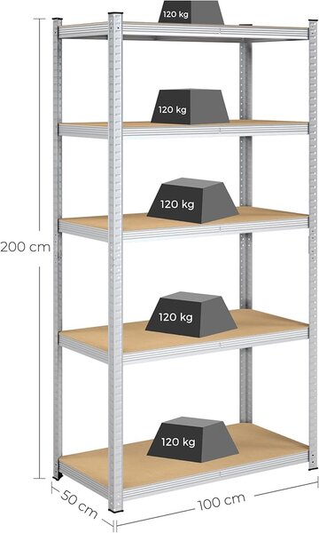 SONGMICS Regál s vysokou nosností stříbrný 100 x 200 x 50 cm