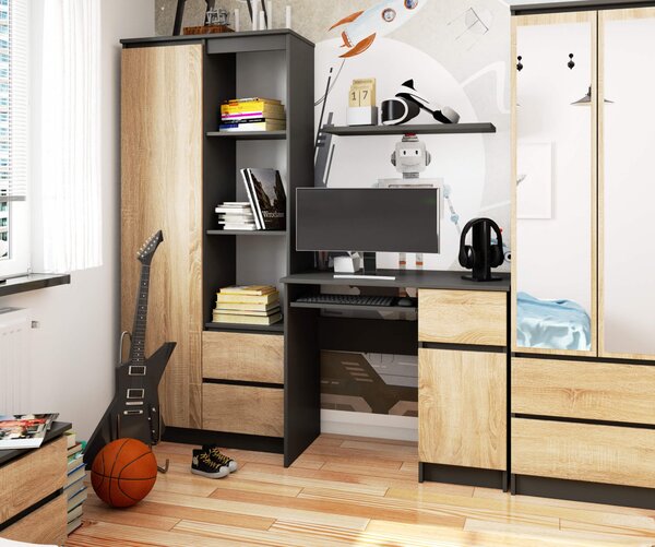 Ak furniture Psací stůl PIKSEL 90 cm grafitově šedý/dub sonoma pravý