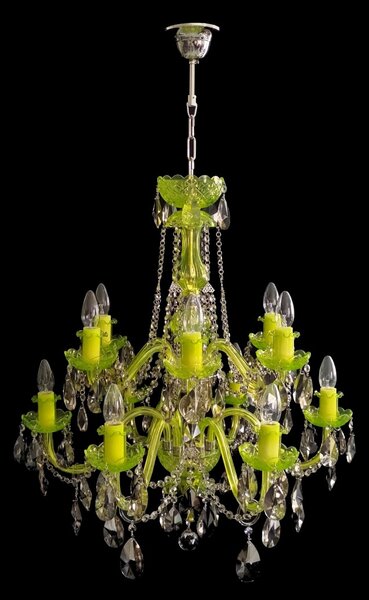 DBK GLASS Žlutozelený 12ramenný křišťálový lustr s kouřově zbarvenými křišťálovými mandlemi 1740-6+6-N-uranium-smoky-crystal